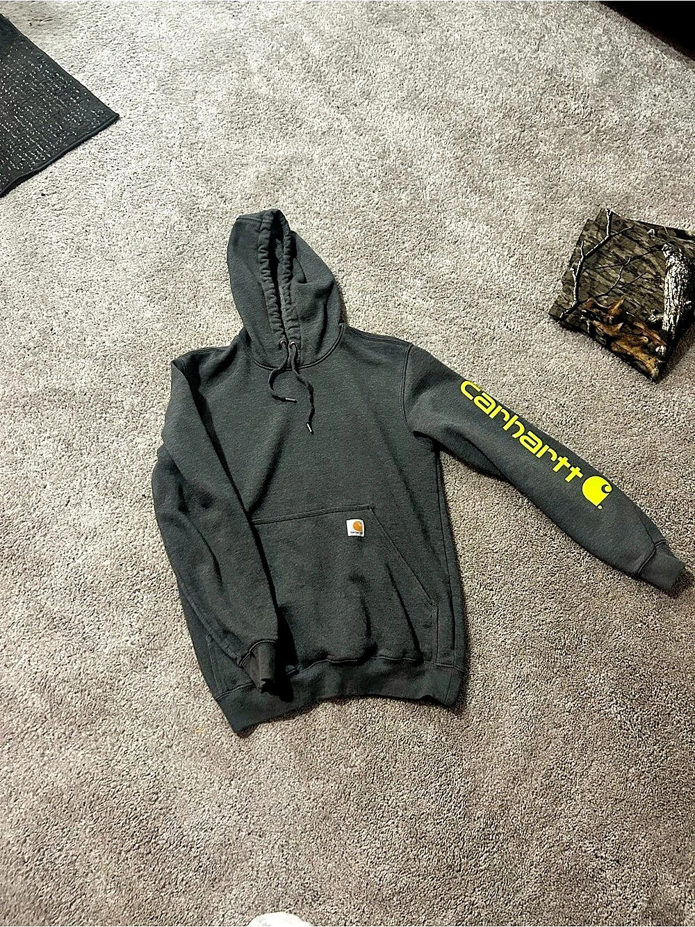 Carhartt Logo Sleeve Graphic Pullover Hooded Sweatshirt Hoodie grey Size